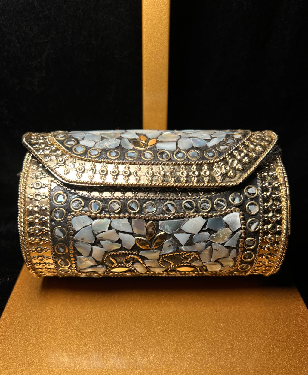 Mini Black & Gold Metal Ceramic Cylinder Clutch | RMC-16