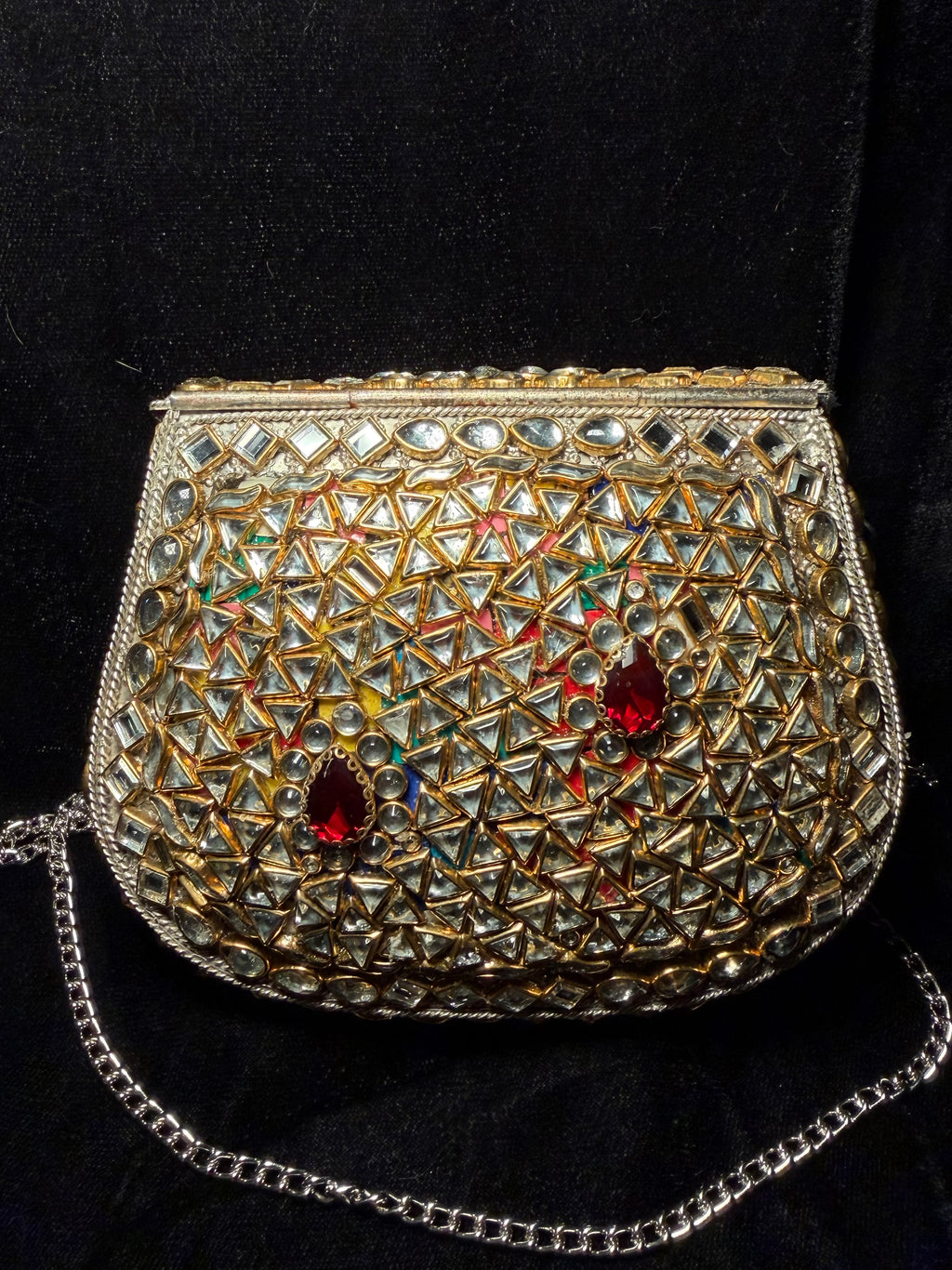 Silver and Gold Kundan Clutch with Red Stones | RKC-63