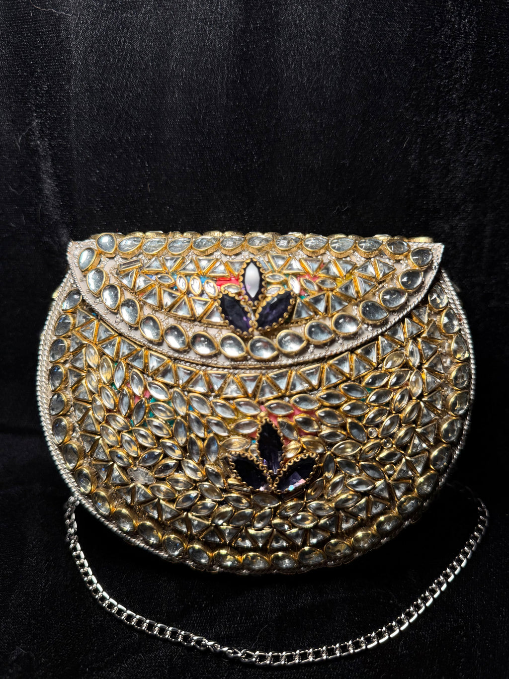 Silver and Gold Kundan Clutch with Purple Stones | RKC-64