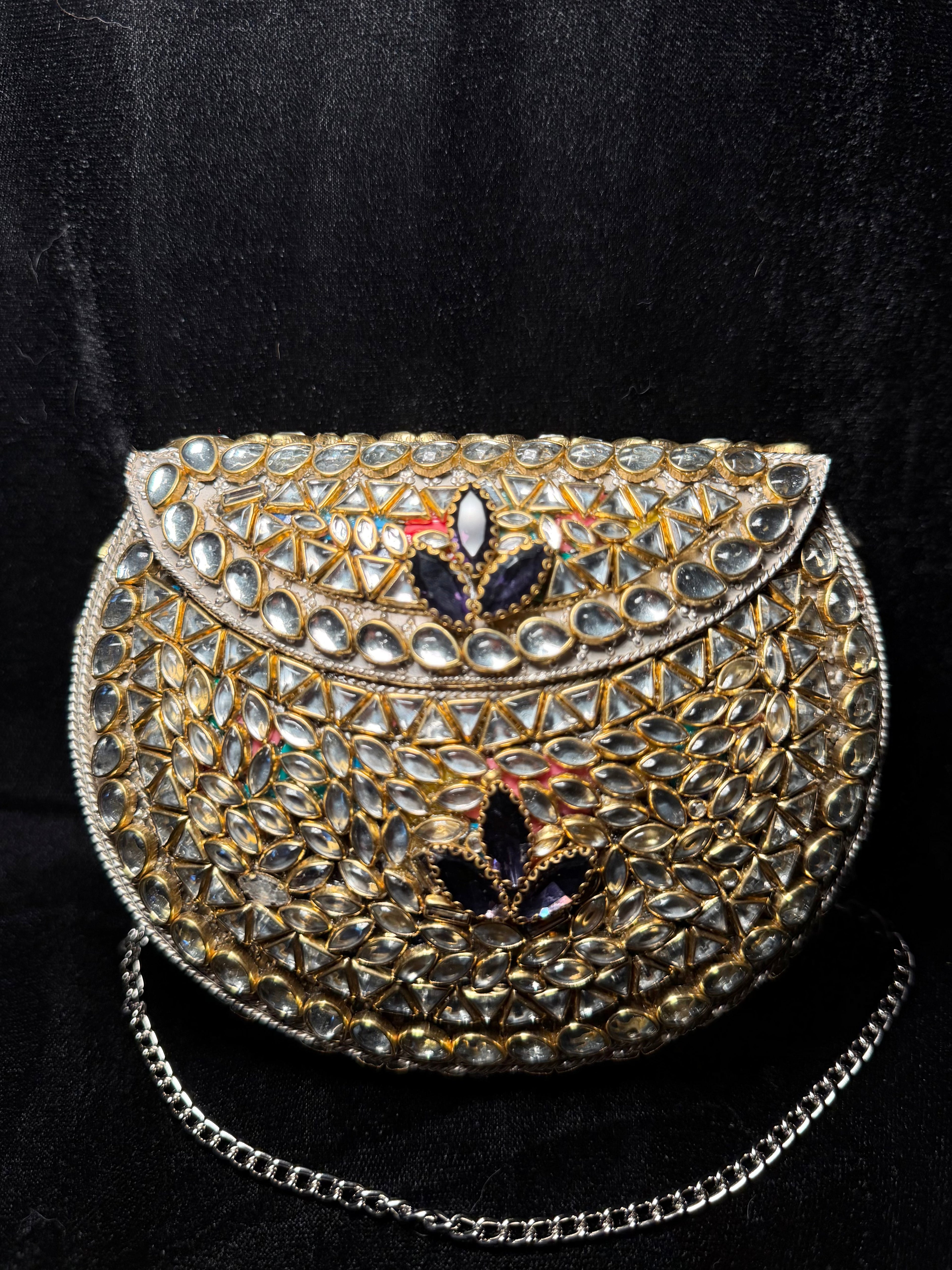 Silver and Gold Kundan Clutch with Purple Stones | RKC-64