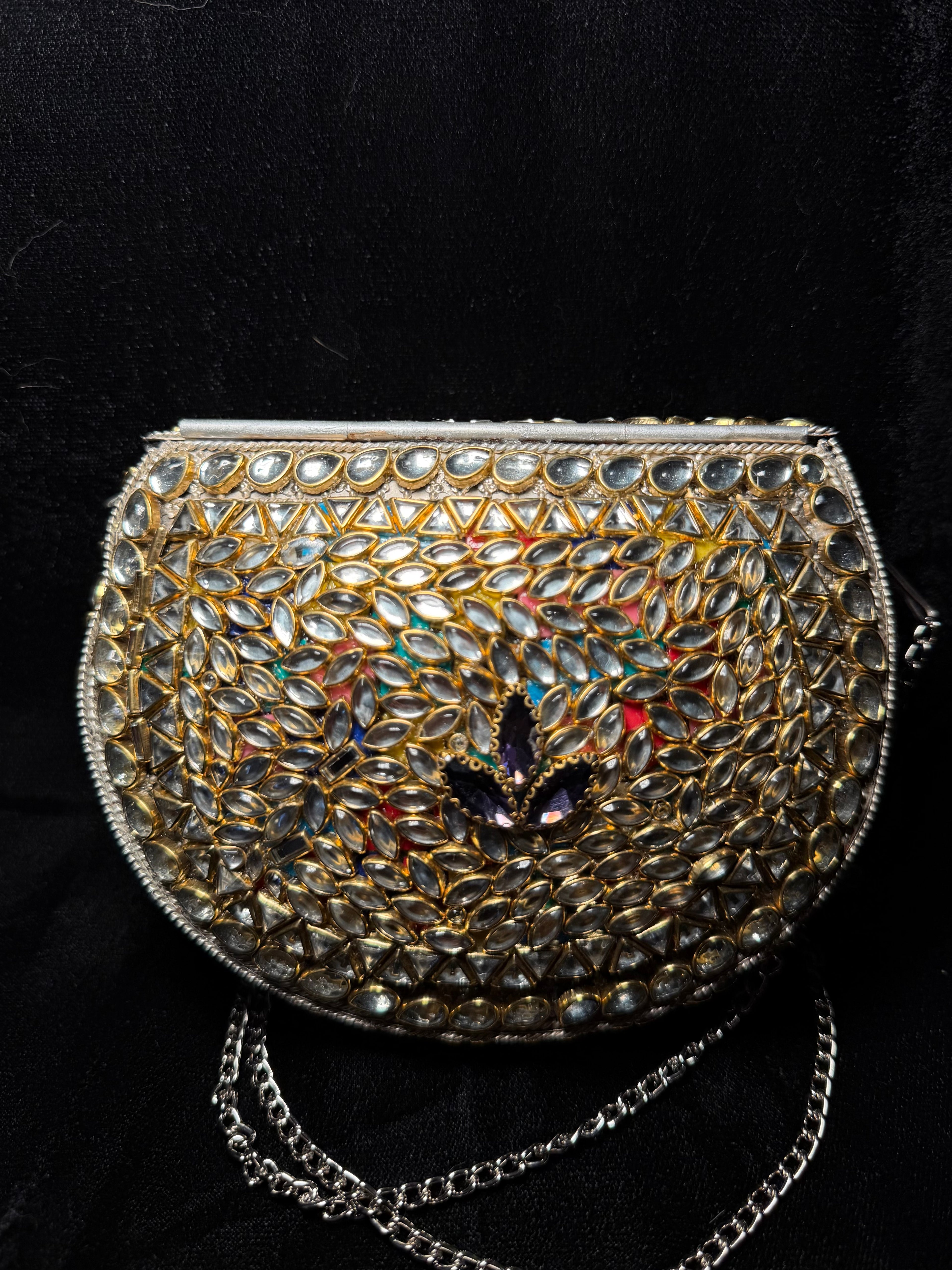Silver and Gold Kundan Clutch with Purple Stones | RKC-64
