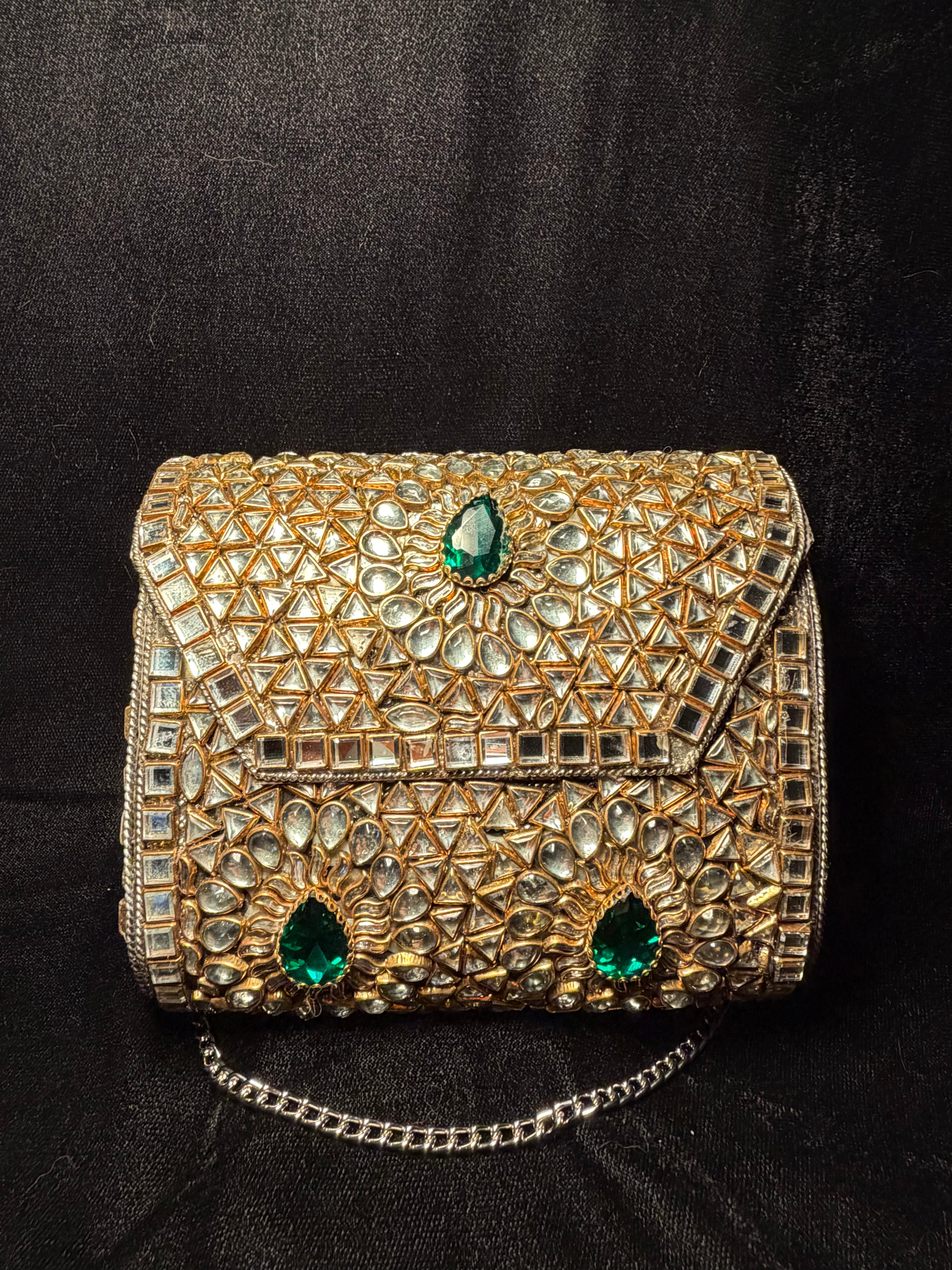 Rectangle Kundan Clutch with Green Stones | RKC-60
