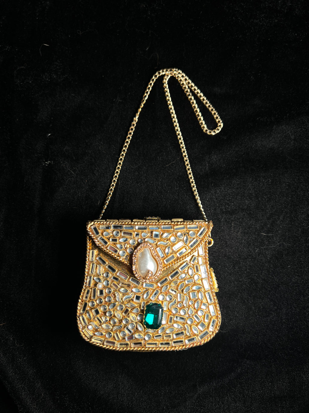 XS Bronze Kundan Clutch with Green Stones | RKC-50